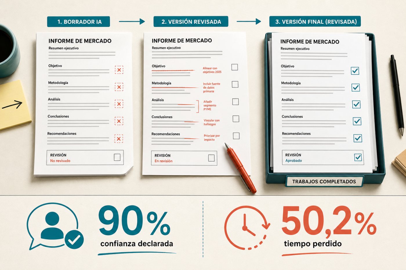 Una tarea laboral pasa por varios intentos con IA antes de alcanzar un resultado aceptable.