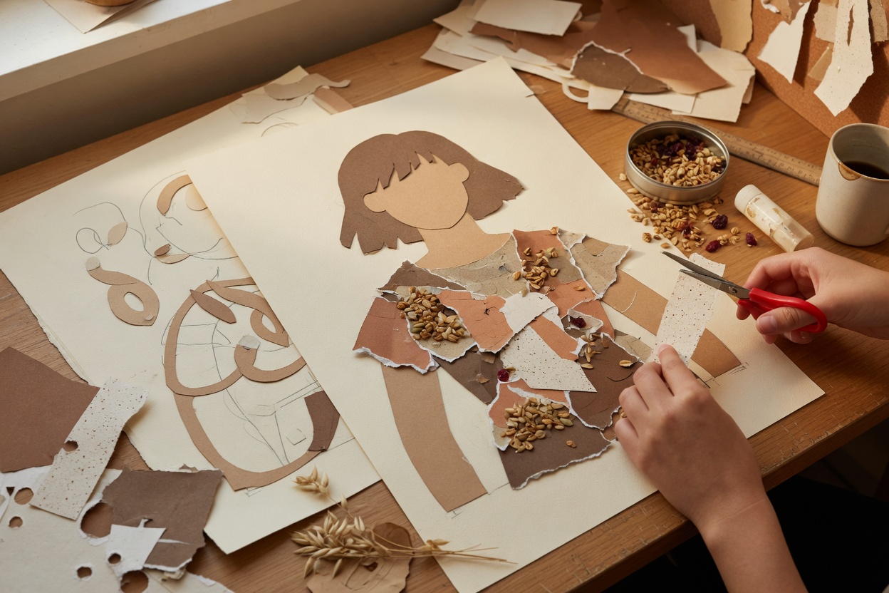 Layered cut-and-paste findings illustrations from the Granola rebrand