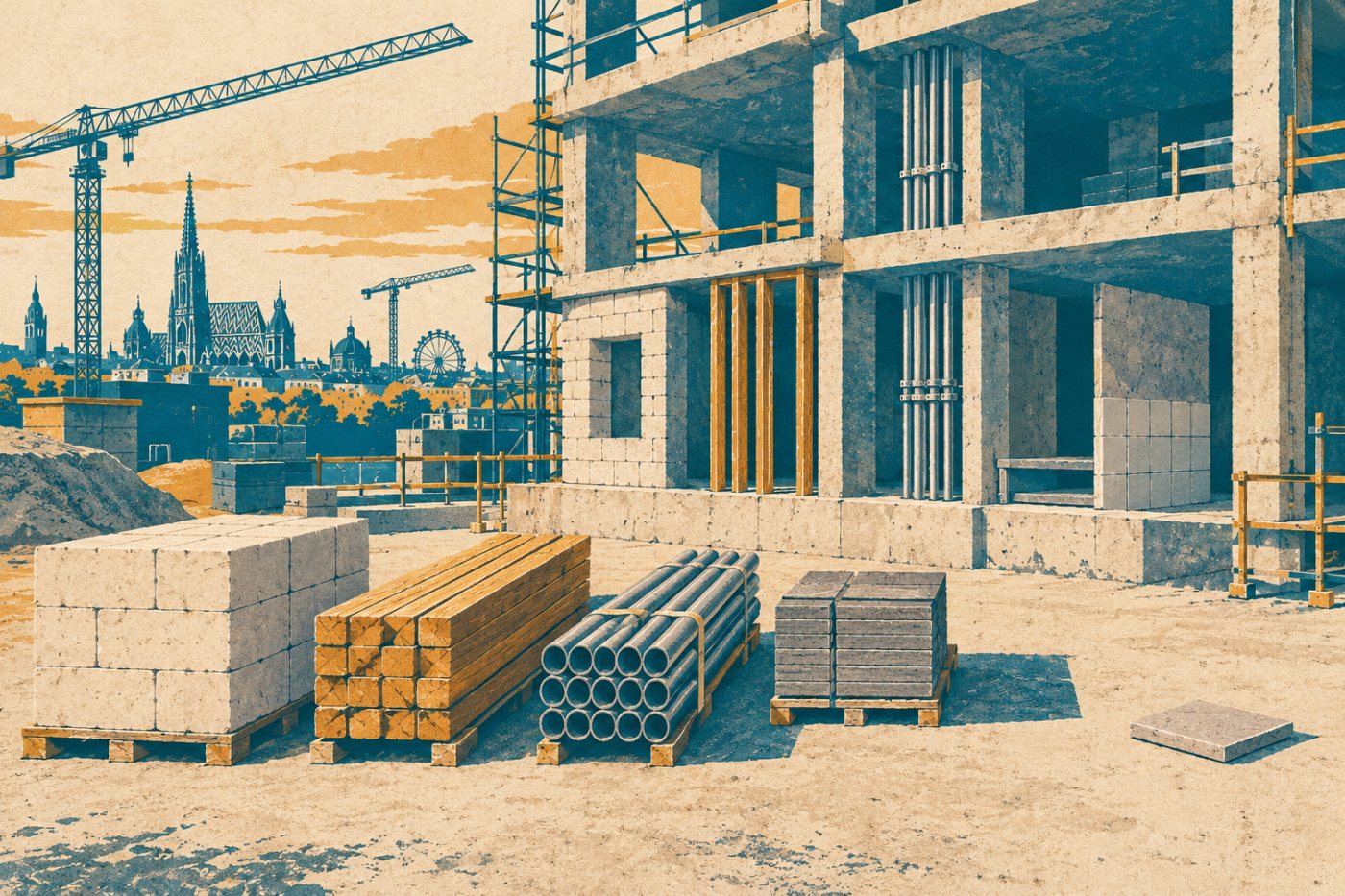 Eine Materiallieferung auf einer Baustelle veranschaulicht den Abgleich, den reebuild bei Rechnungen und Lieferungen unterstützt.