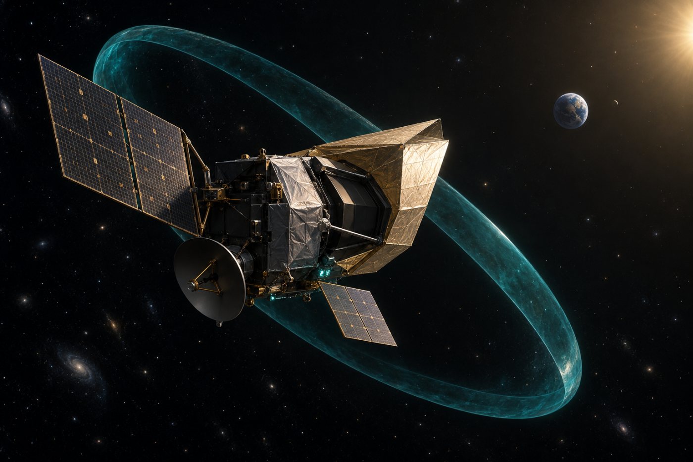 Telescópio Roman em viagem da Terra ao ponto L2 com sua proteção térmica implantada.