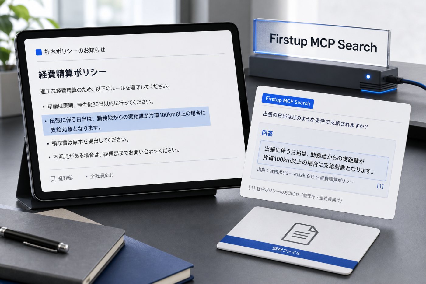Firstupの投稿本文にある社内規程を企業向けAIアシスタントが権限内で検索し、出典付きで回答する流れ