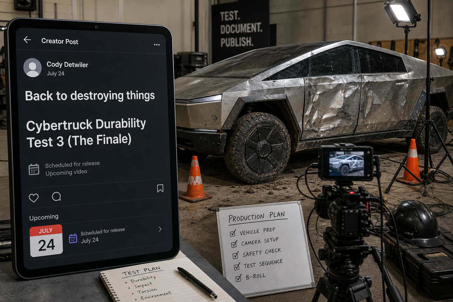 Cody Detwiler promotes a new Cybertruck durability-test video from his active profile