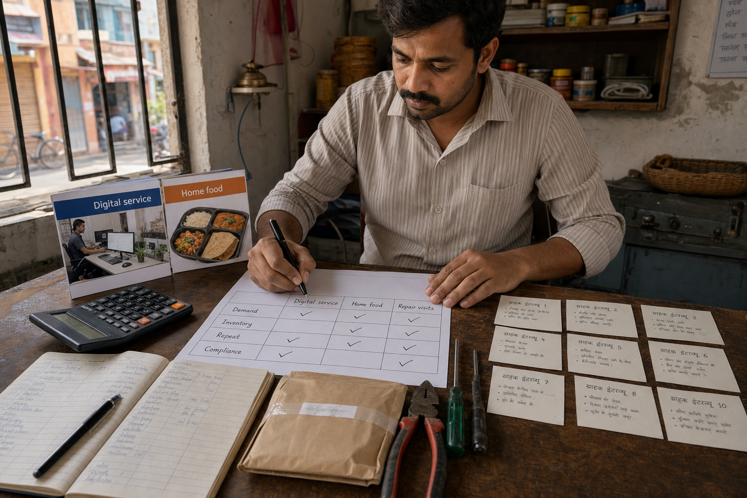 स्थानीय माँग, इन्वेंटरी और लागत की तुलना करके कम निवेश वाले कारोबार का चयन करता उद्यमी