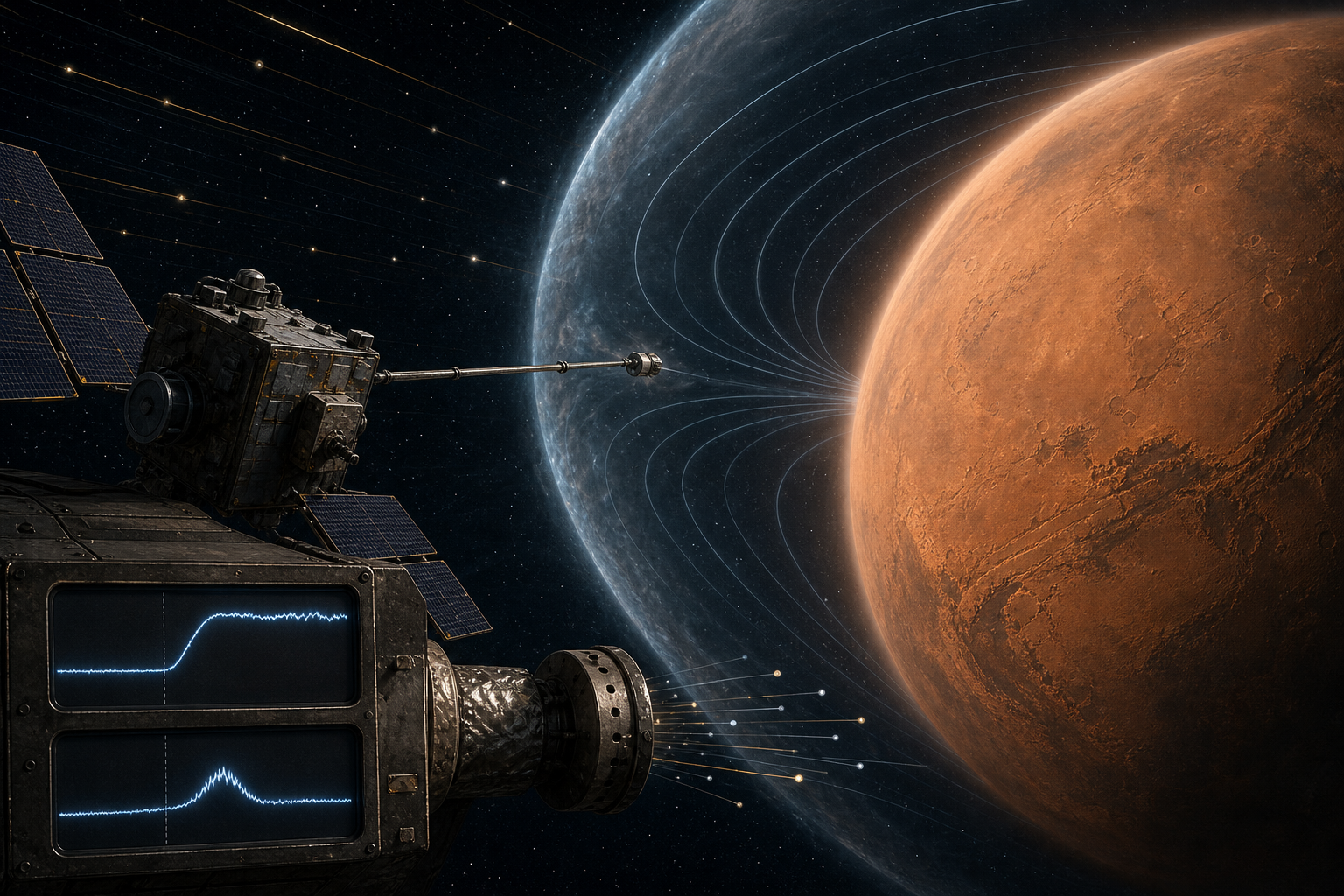 Psyche spacecraft instruments measuring Mars’ bow shock, neutron activity, polar ice cap, and cratered terrain during the flyby