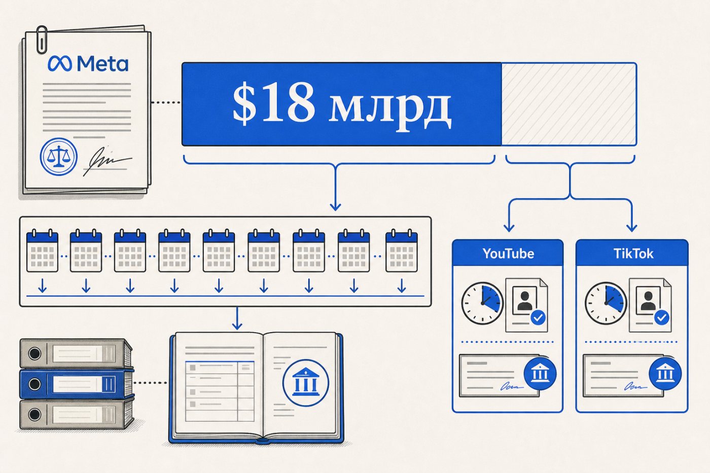Выплата Meta разделена на основную часть и условные $5,3 млрд, зависящие от решений YouTube и TikTok.