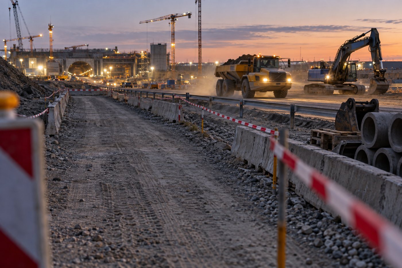 Arbejdende køretøjer ved Rødby viser, at der fortsat var aktivitet på Femern-byggepladsen.