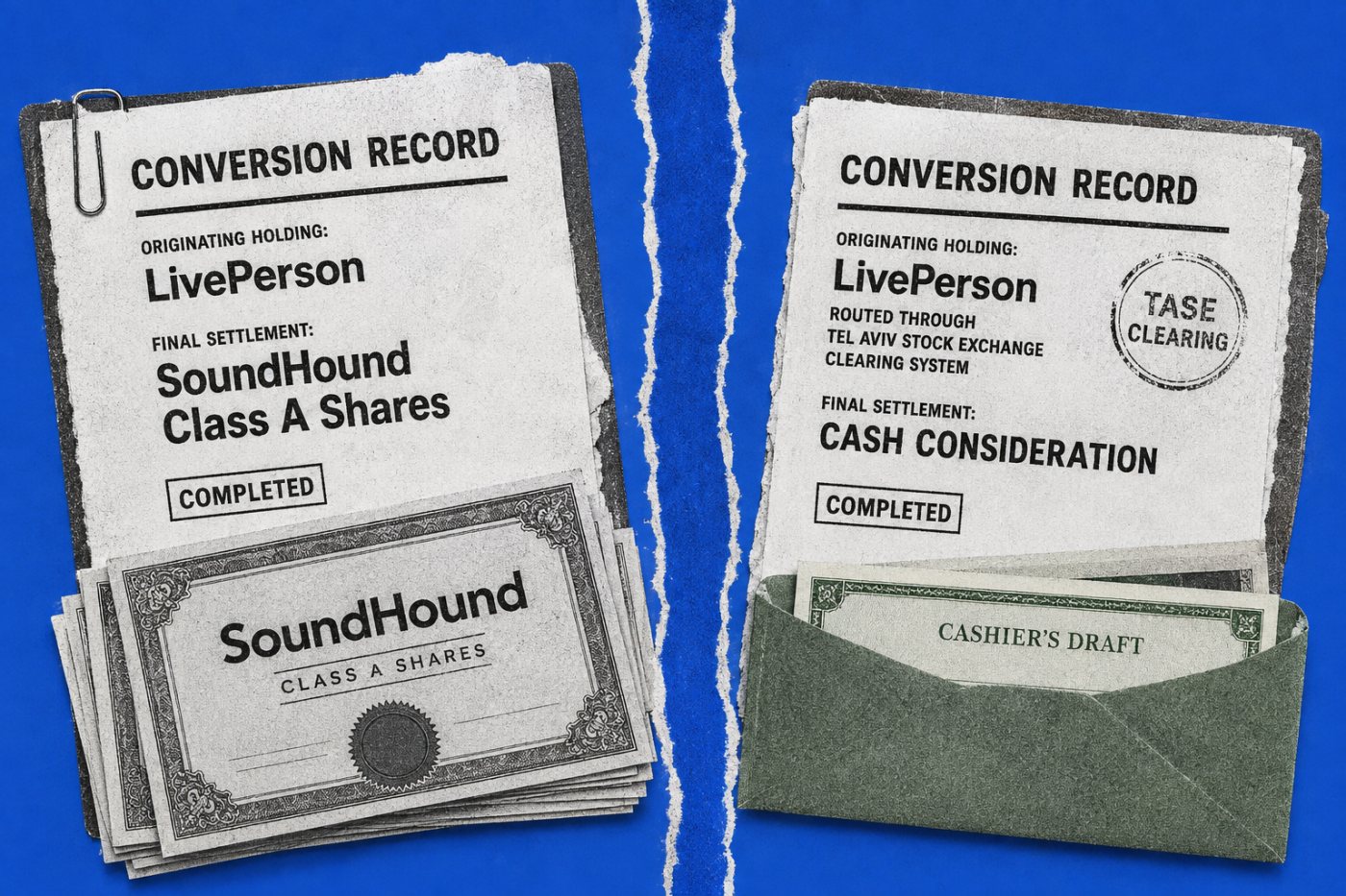 LivePerson holdings convert into SoundHound shares or, for qualifying TASE-held shares, cash under separate merger treatments.