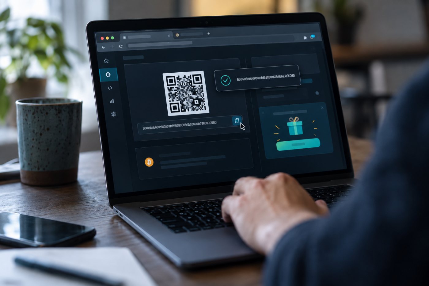 Injected browser code replaces a cryptocurrency deposit address, changes the clipboard value and displays a false bonus.