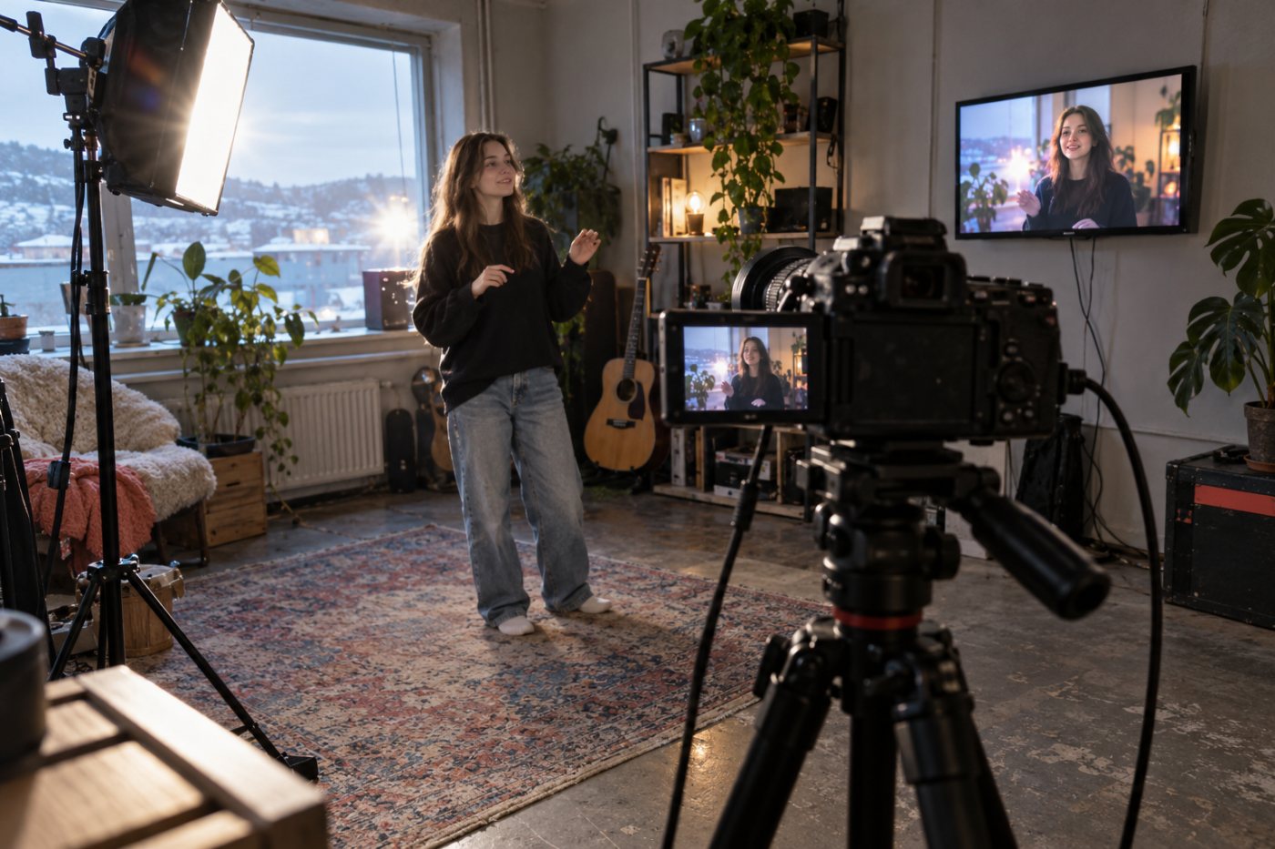 Innholdsproduksjon med video som senere redigeres og publiseres med digitale tjenester.