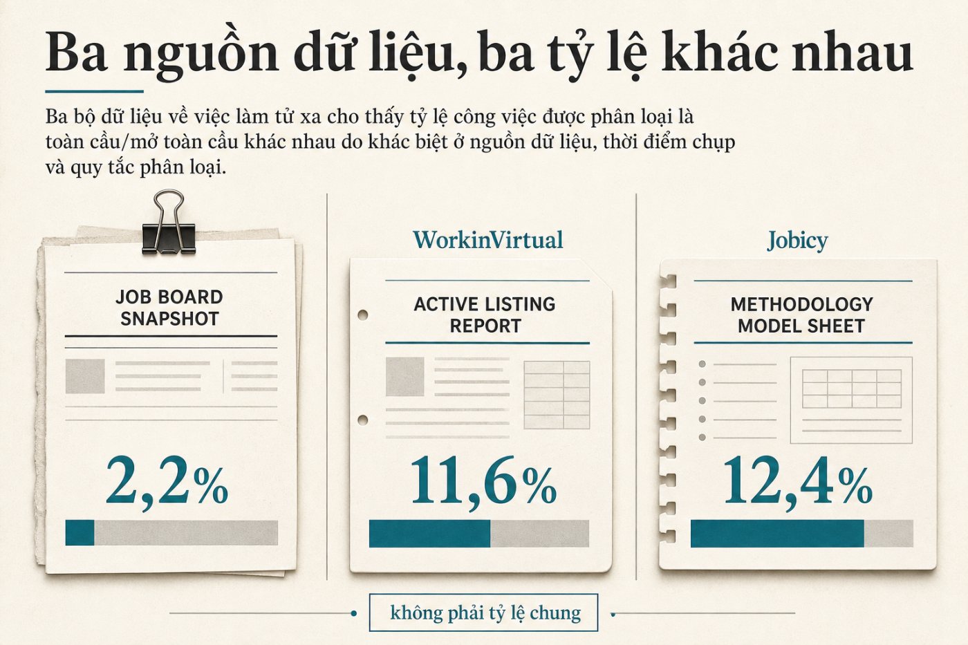 Ba bộ dữ liệu cho tỷ lệ việc làm mở toàn cầu khác nhau do khác mẫu và phương pháp