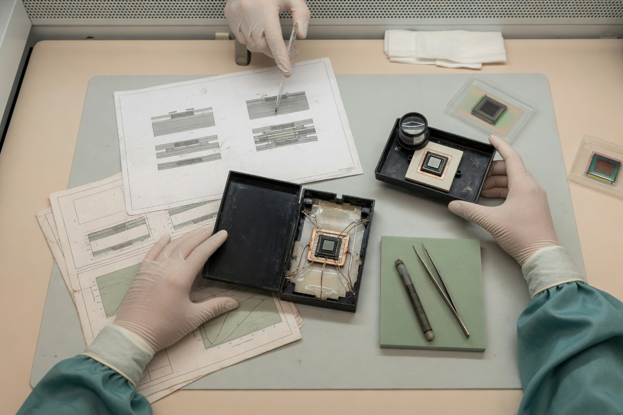Engineer showing GaN product to colleague over documents