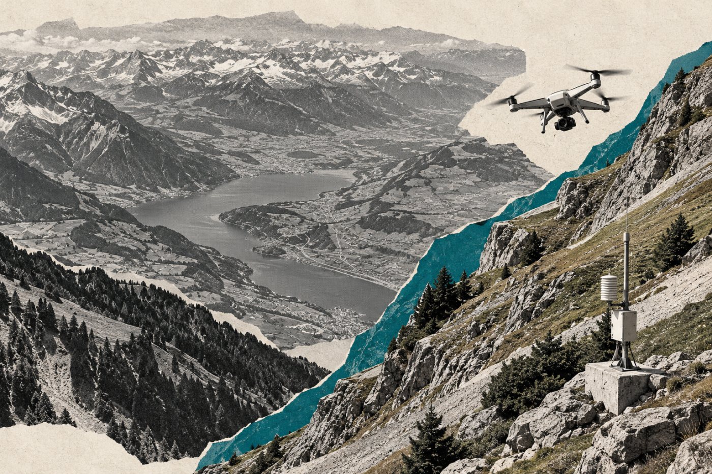 Satellitenbeobachtung, Drohne und Messstation erfassen einen Alpenhang in unterschiedlichem Massstab.