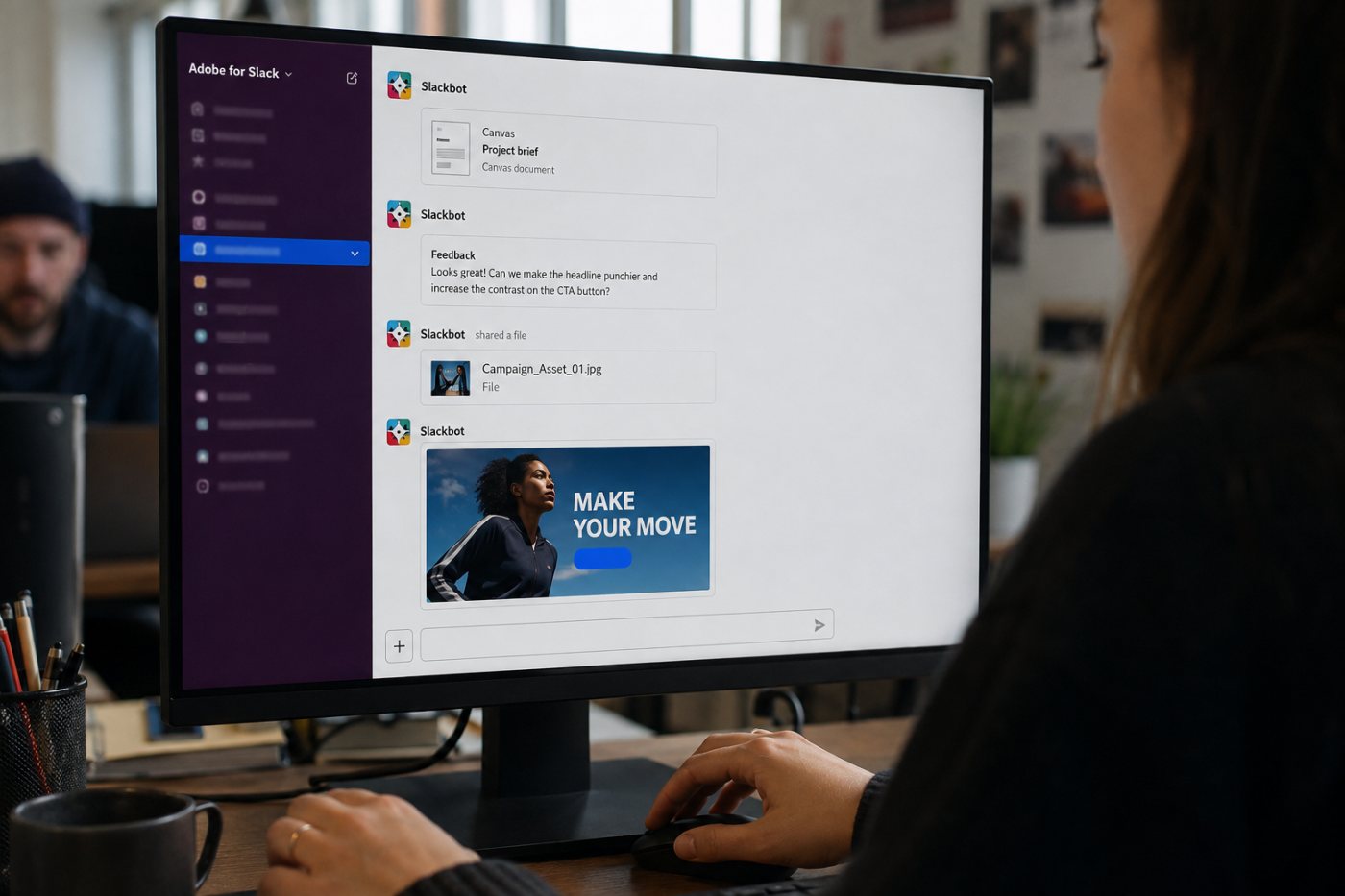 Slackbot’un konuşma, dosya ve Canvas bağlamını Adobe for Slack ile tamamlanmış içeriğe dönüştürmesi
