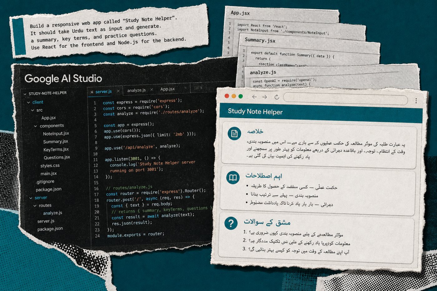 Google AI Studio Build mode میں specification سے تیار Study Note Helper اور اس کا منظم اردو نتیجہ