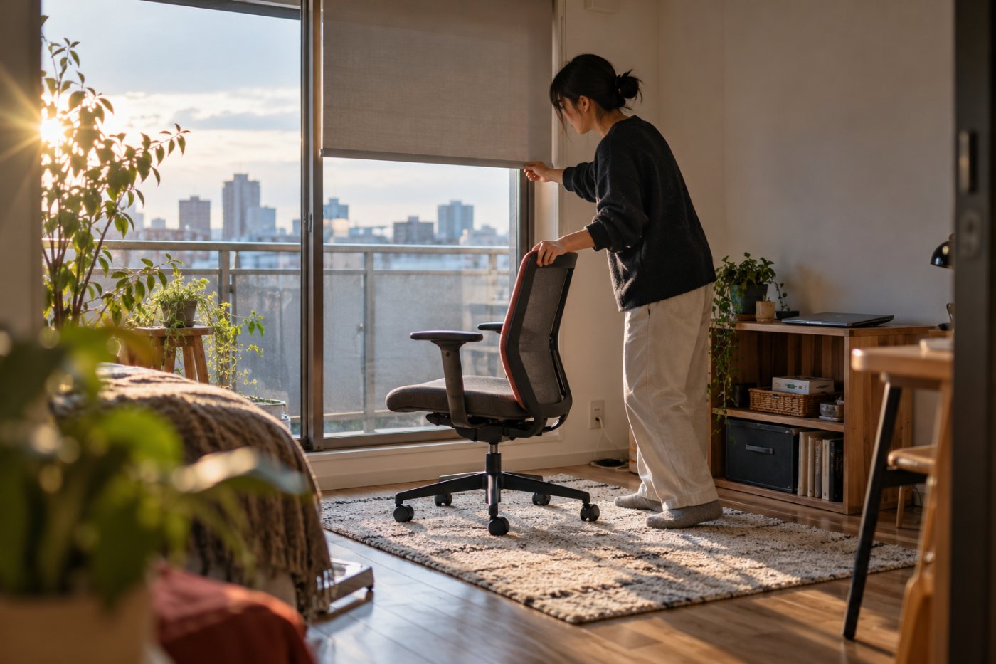 在宅勤務を始める前に、自宅の椅子と採光を調整して作業環境を確認する場面