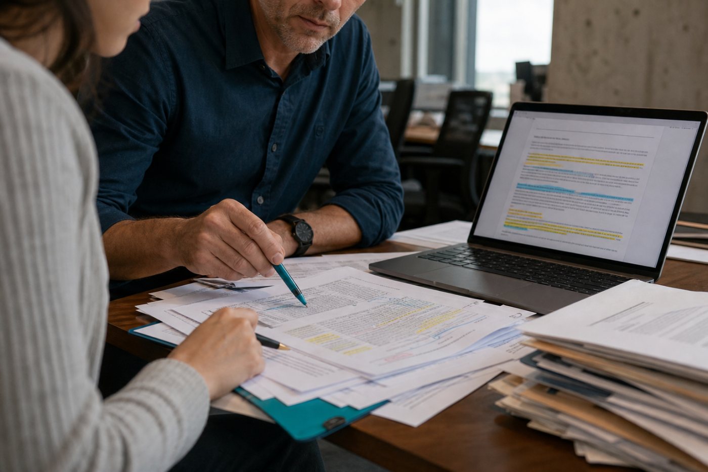 A manager and junior employee verify AI-assisted analysis against underlying records before approval.