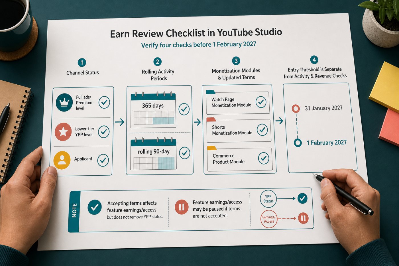 creator کی 2027 سے پہلے YPP status، activity اور monetization modules کی جانچ