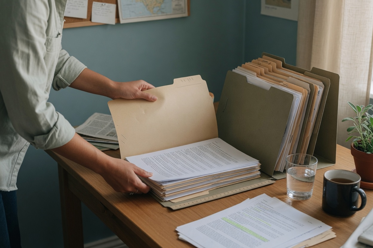 Individual organizing reports into a file folder
