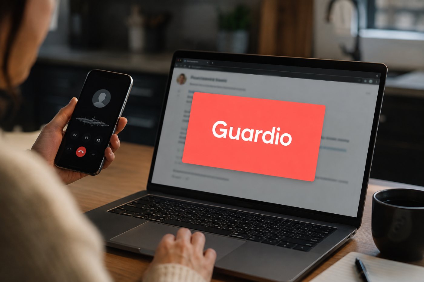 An AI-assisted voice and phishing scam intercepted by Guardio before the consumer reaches a fraudulent destination.