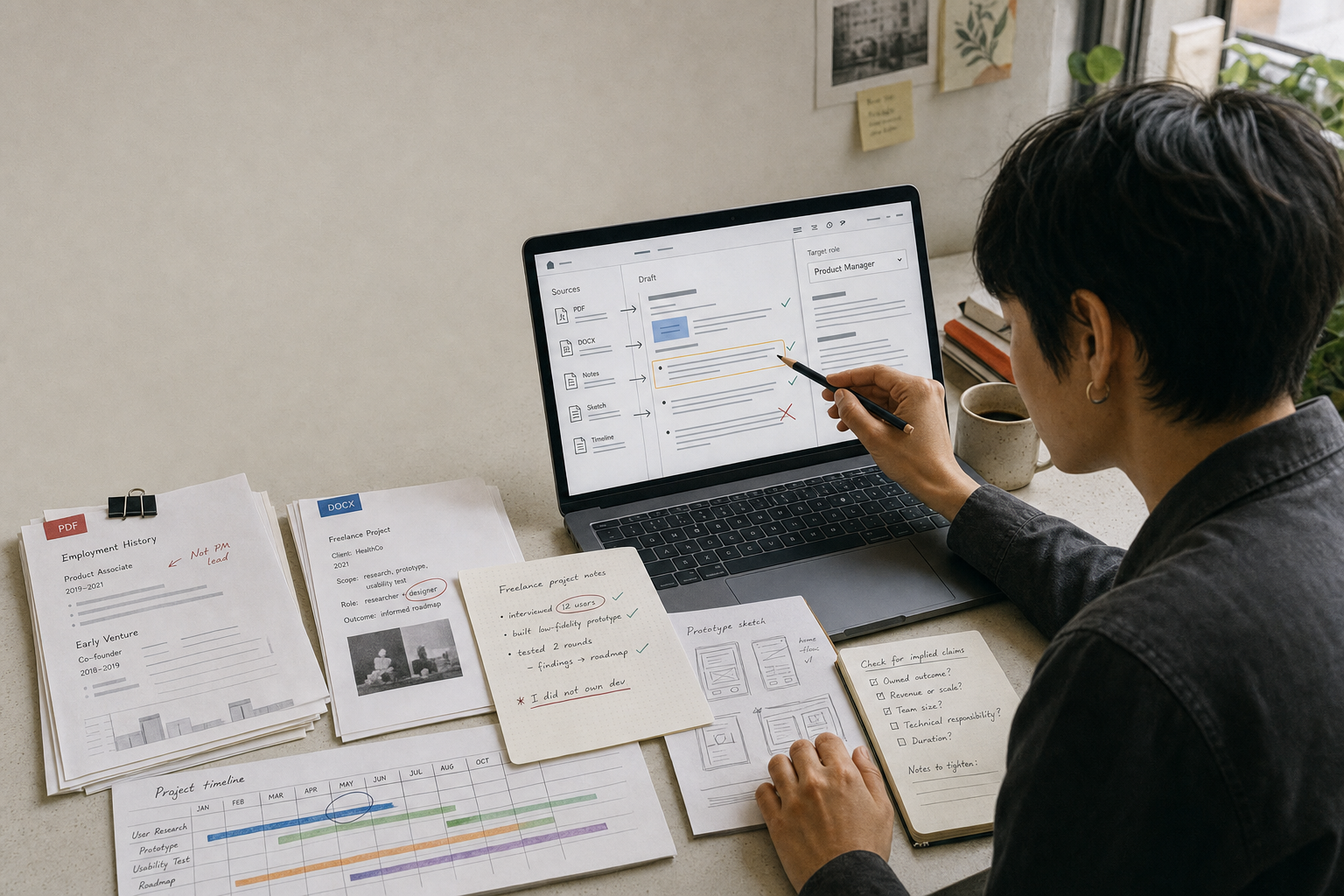Founder reviews a generated resume against source facts and a target role