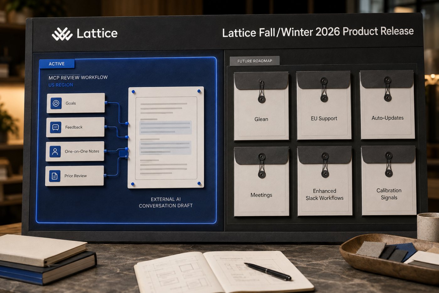 Mevcut Lattice MCP değerlendirme akışı ile henüz planlanan Auto-Updates, Meetings ve Calibration Signals özelliklerinin durum ayrımı