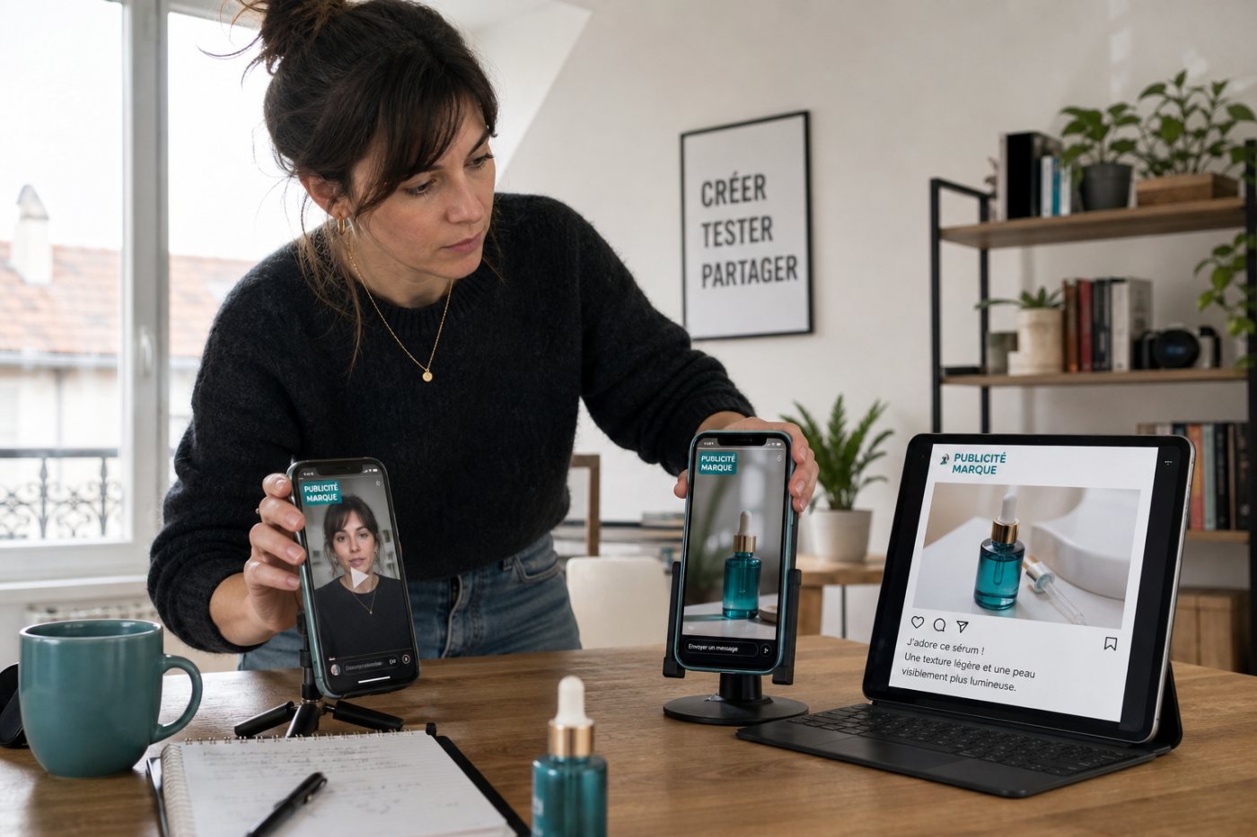La visibilité de la mention commerciale est vérifiée dans une légende, une Story et une vidéo Instagram.