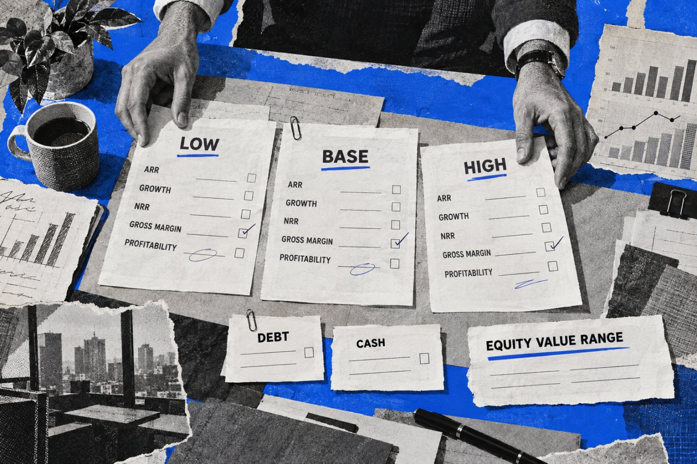 Low, base ও high assumption থেকে enterprise value এবং cash-debt bridge-সহ equity value range তৈরি হচ্ছে