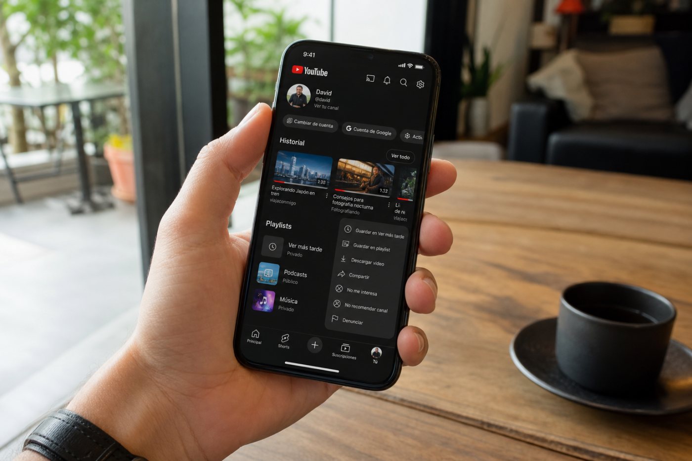 La zona personal móvil de YouTube reúne cuenta, historial, videos guardados y playlists.