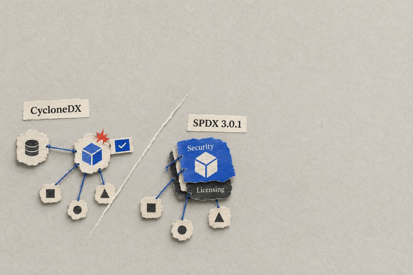 CycloneDX collega componenti e vulnerabilità; i profili Security e Licensing di SPDX organizzano dati di sicurezza e licenza.