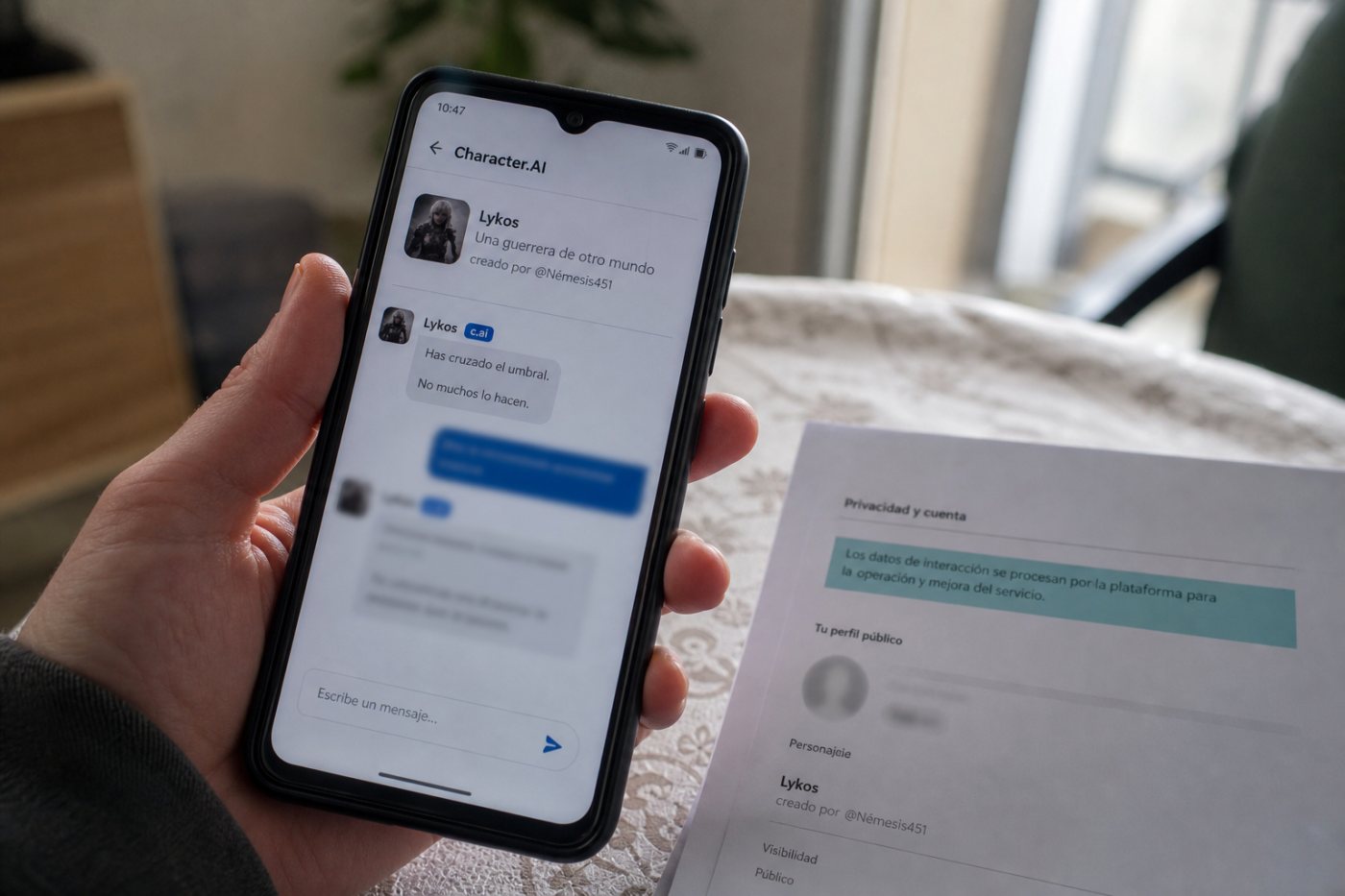 Un chat de Character.AI permanece oculto para el creador del personaje, aunque la plataforma procesa datos de la interacción.