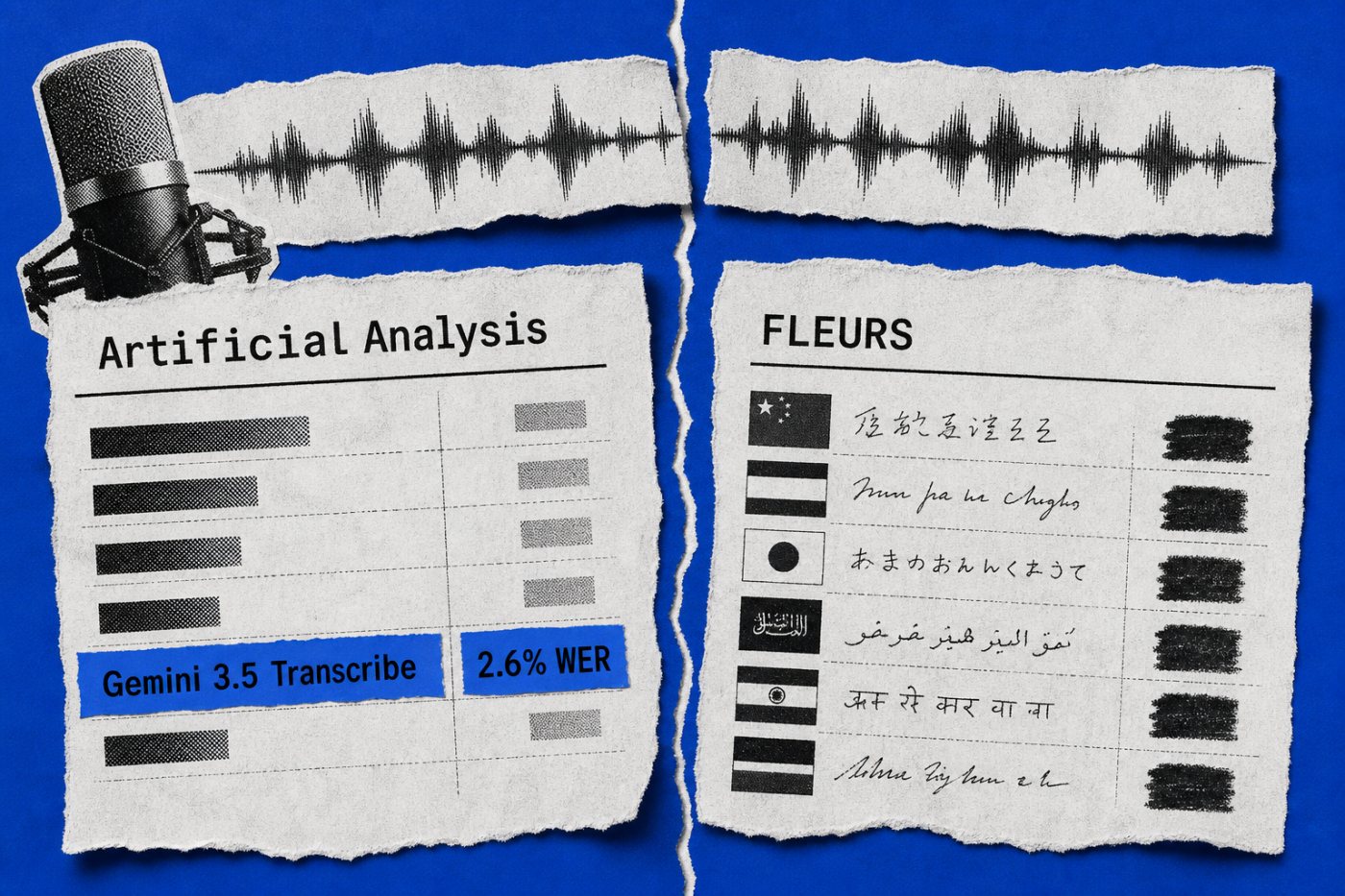 Artificial Analysis와 FLEURS가 서로 다른 조건에서 Gemini 3.5 Transcribe를 측정한 비교