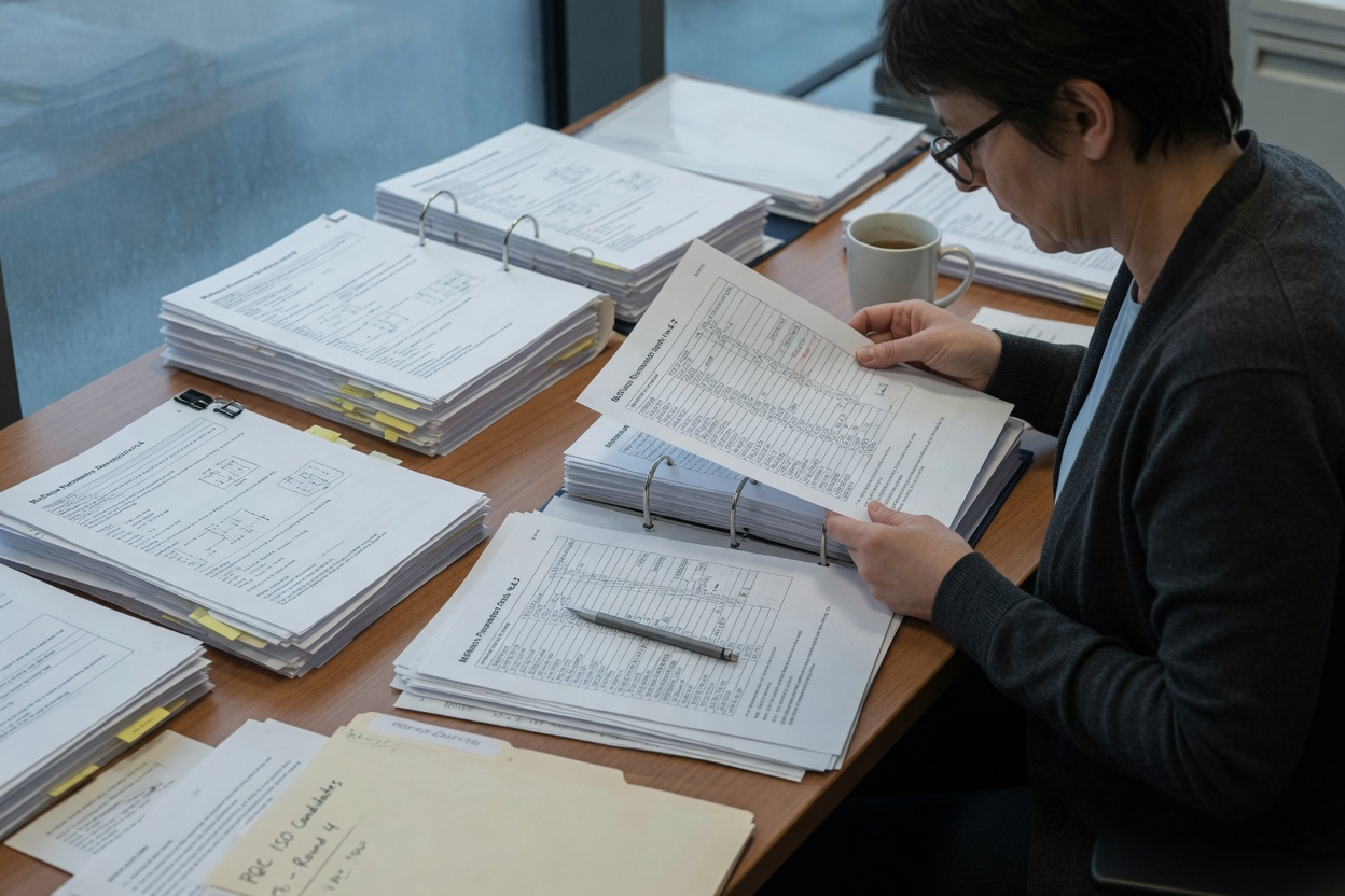 Person handling printed documents listing encryption parameter sets