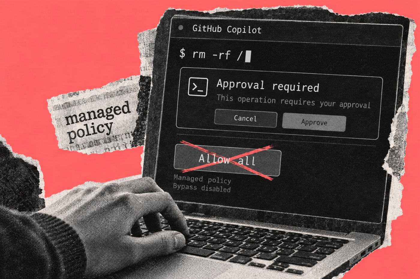 GitHub Copilotで全許可を選ぼうとしても企業設定によりバイパスが無効のままになる状態