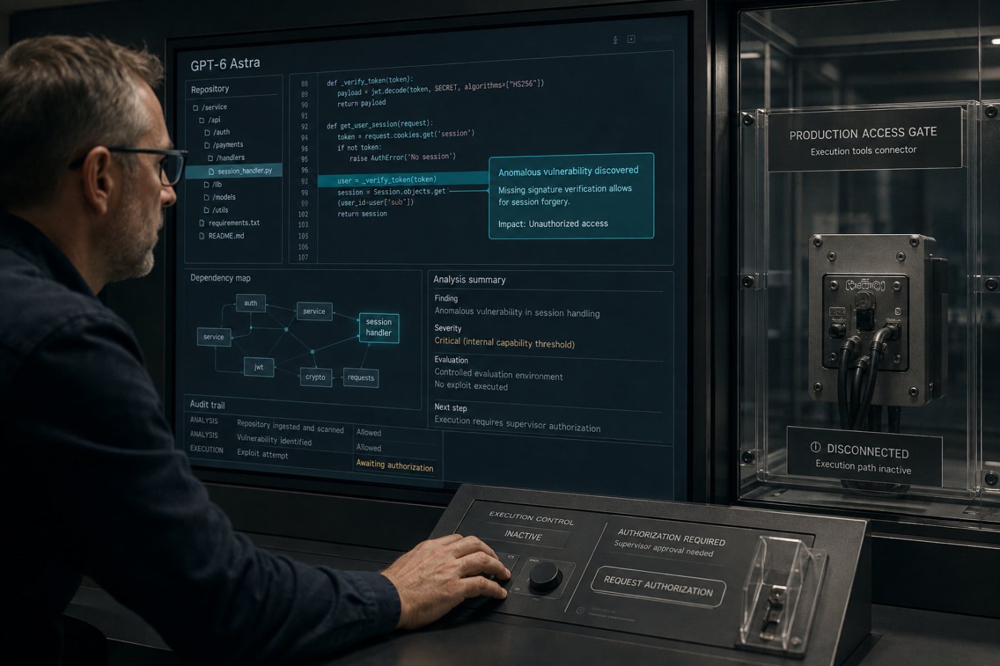 GPT‑6 Astra identifie une vulnérabilité dans un environnement cyber contrôlé sans obtenir automatiquement l’autorisation de l’exploiter.