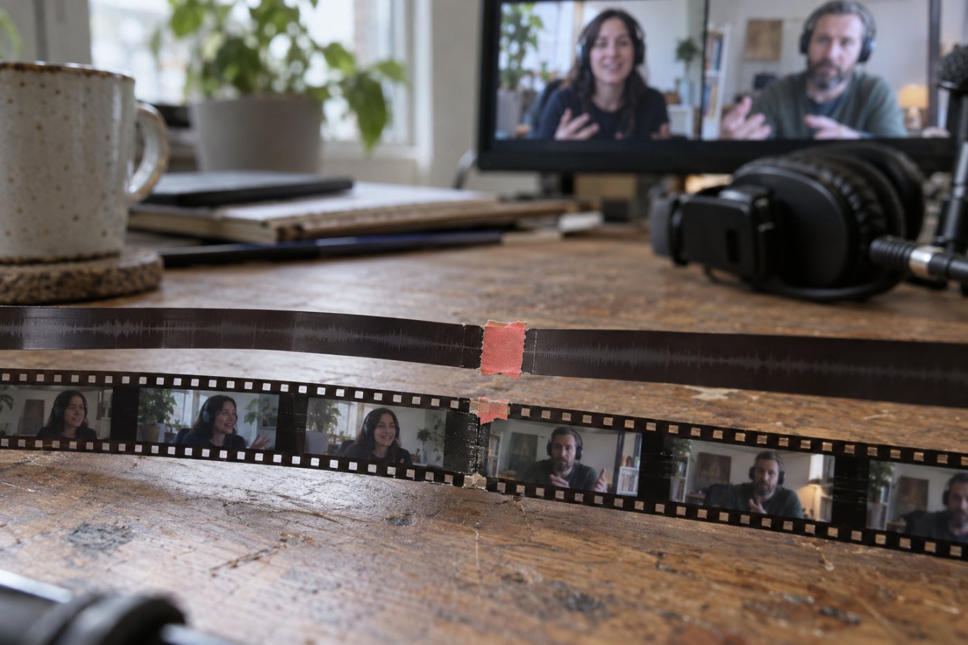 Des pistes séparées d’un entretien à distance sont contrôlées puis réunies dans un épisode exporté.