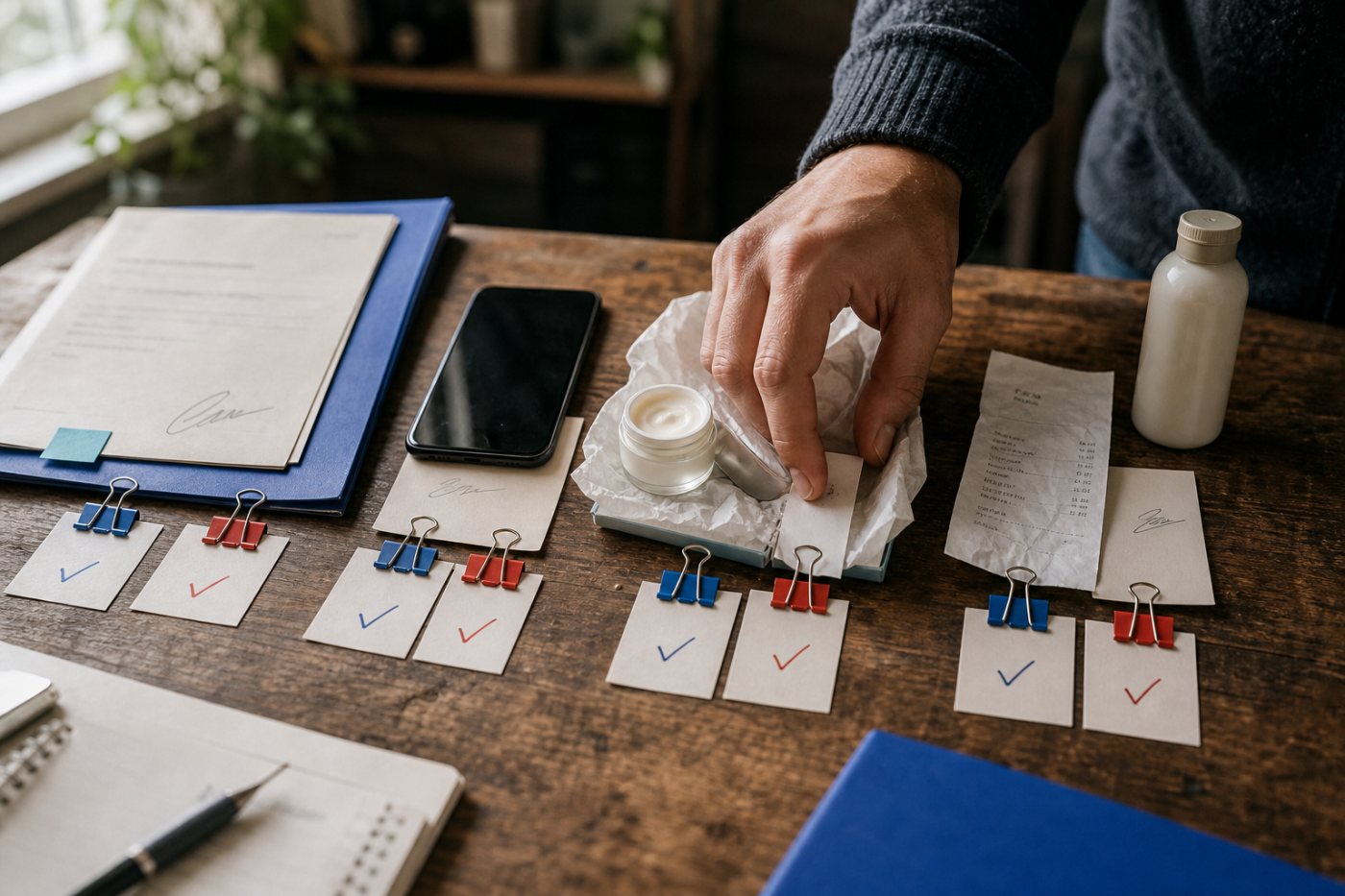A campaign worksheet maps payments, affiliate commissions, free products and independent purchases to US and UK disclosure decisions.