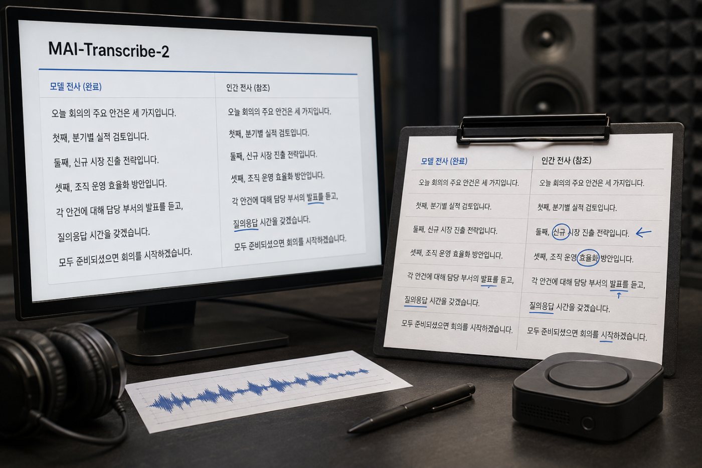 10분 음성 파일의 MAI-Transcribe-2 전사 결과를 기준문과 대조하고 일괄 처리 속도를 별도로 측정하는 평가