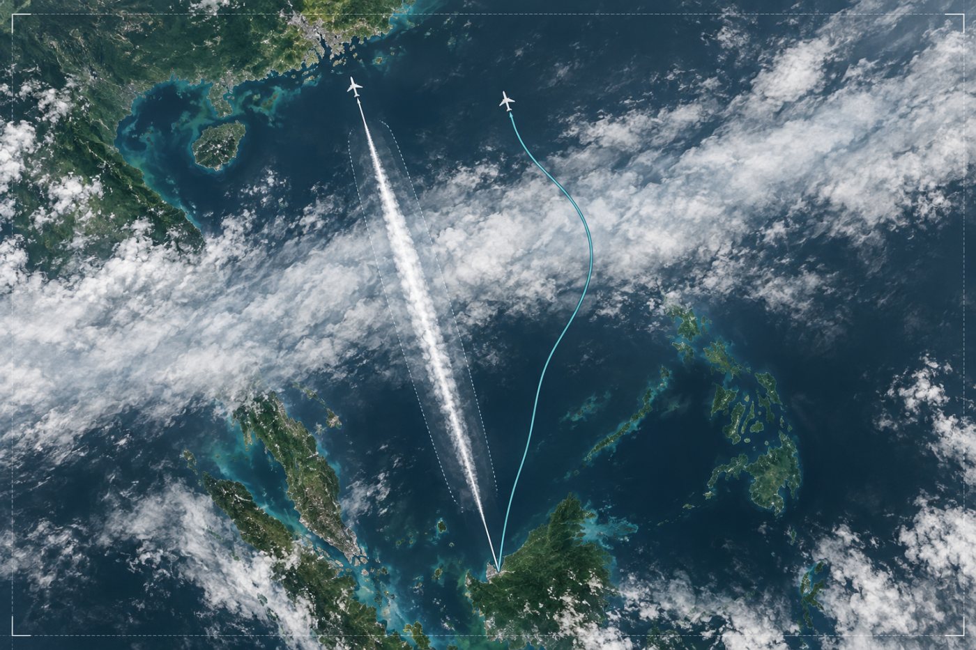 Observação por satélite compara uma trilha persistente com uma trajetória que evitou a camada favorável à condensação.