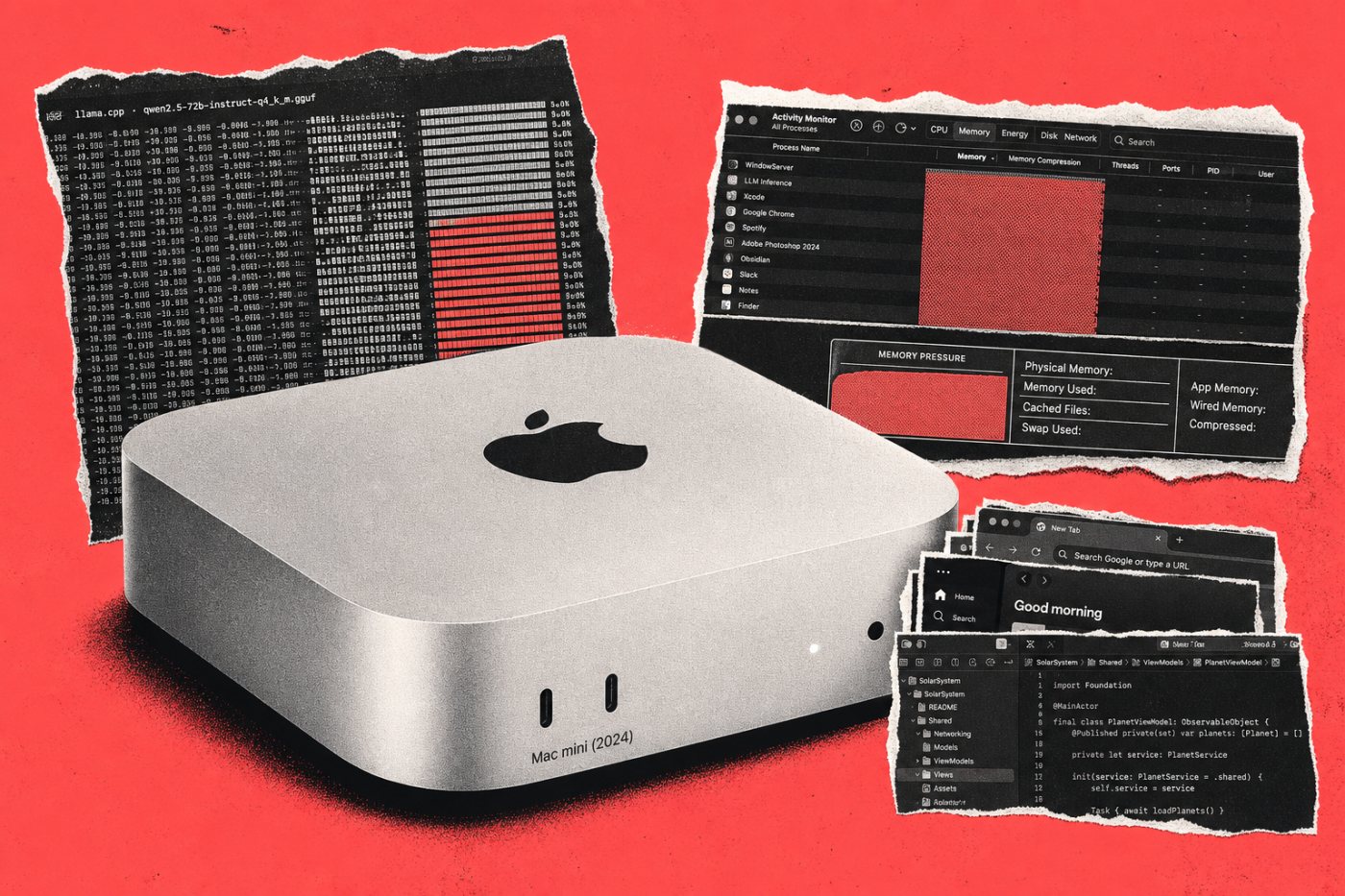 Mac mini running a local AI model whose memory requirements determine whether an M4 Pro configuration is necessary.