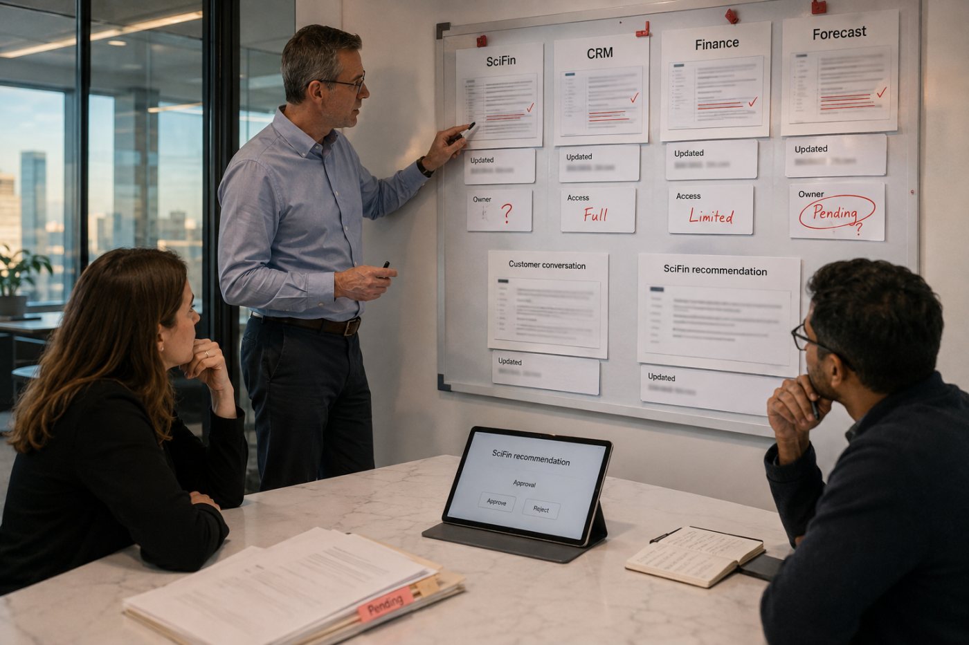 Reviewers check source traceability, freshness and permissions before acting on a SciFin revenue recommendation.
