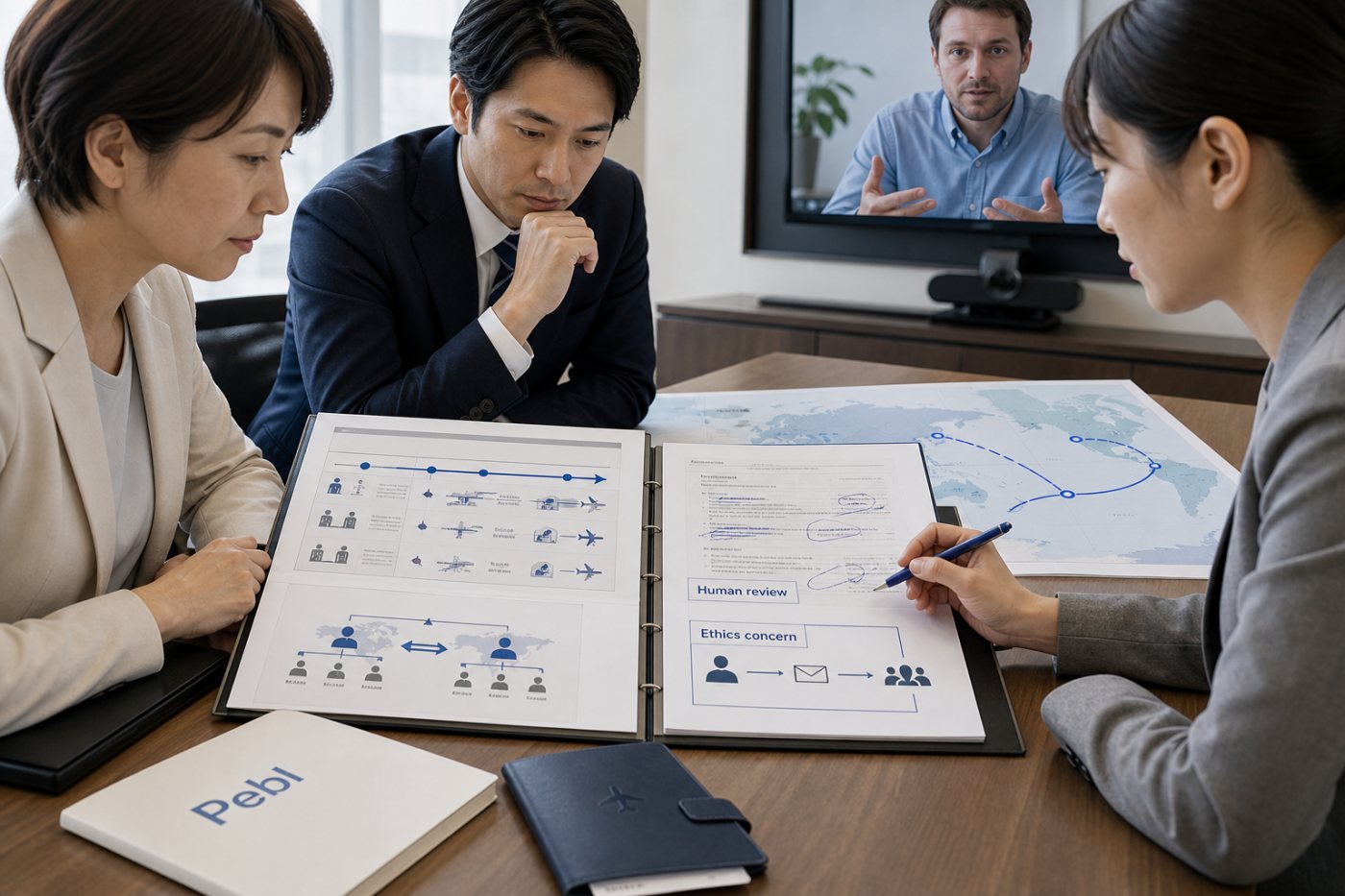 日本企業の人事担当者が越境配置、国際チームでの育成、AI倫理方針を検討する場面