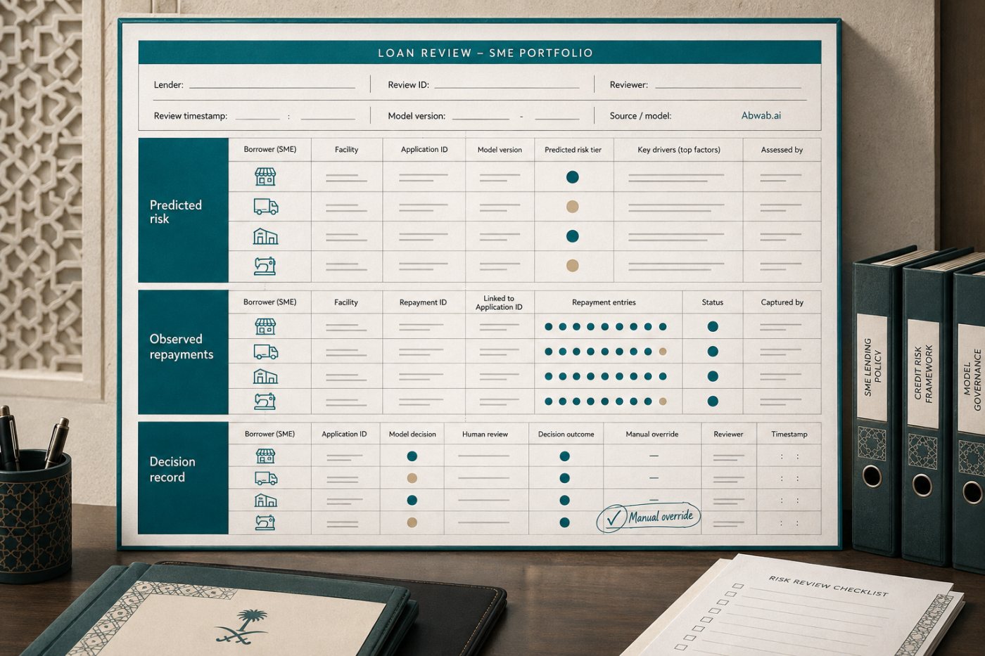 A lender compares Abwab.ai credit assessments with repayment outcomes and reviews the associated audit trail.