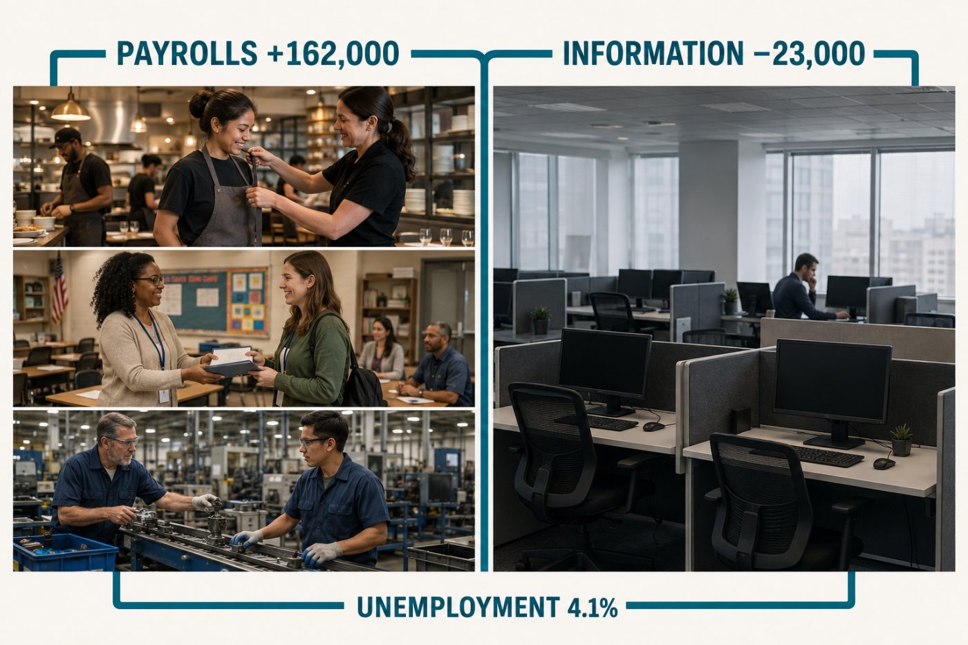 Restaurant and local education hiring contrasts with reduced staffing at an information-industry workplace.