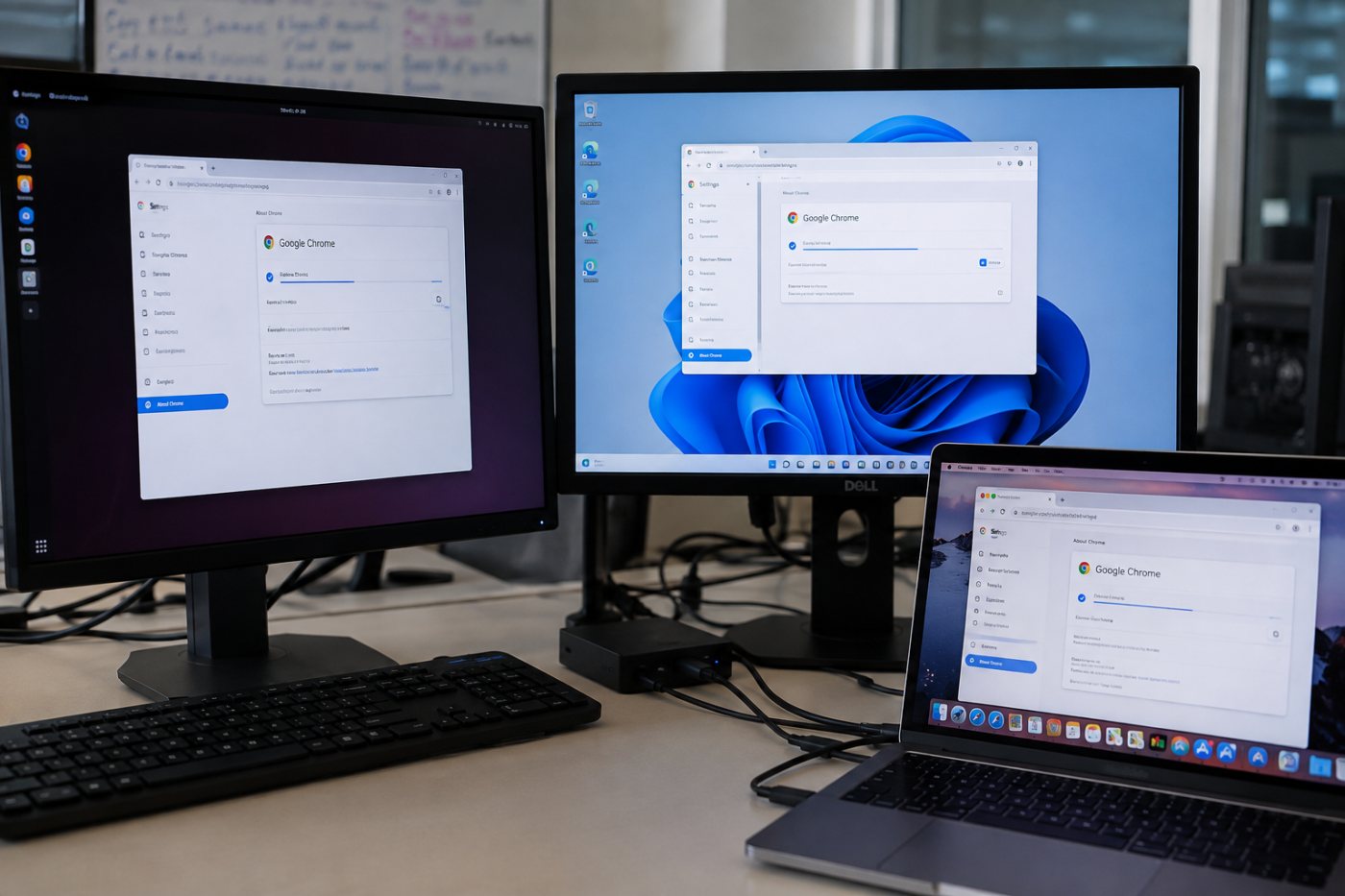Comparaison des versions minimales corrigées de Google Chrome sous Linux, Windows et macOS.