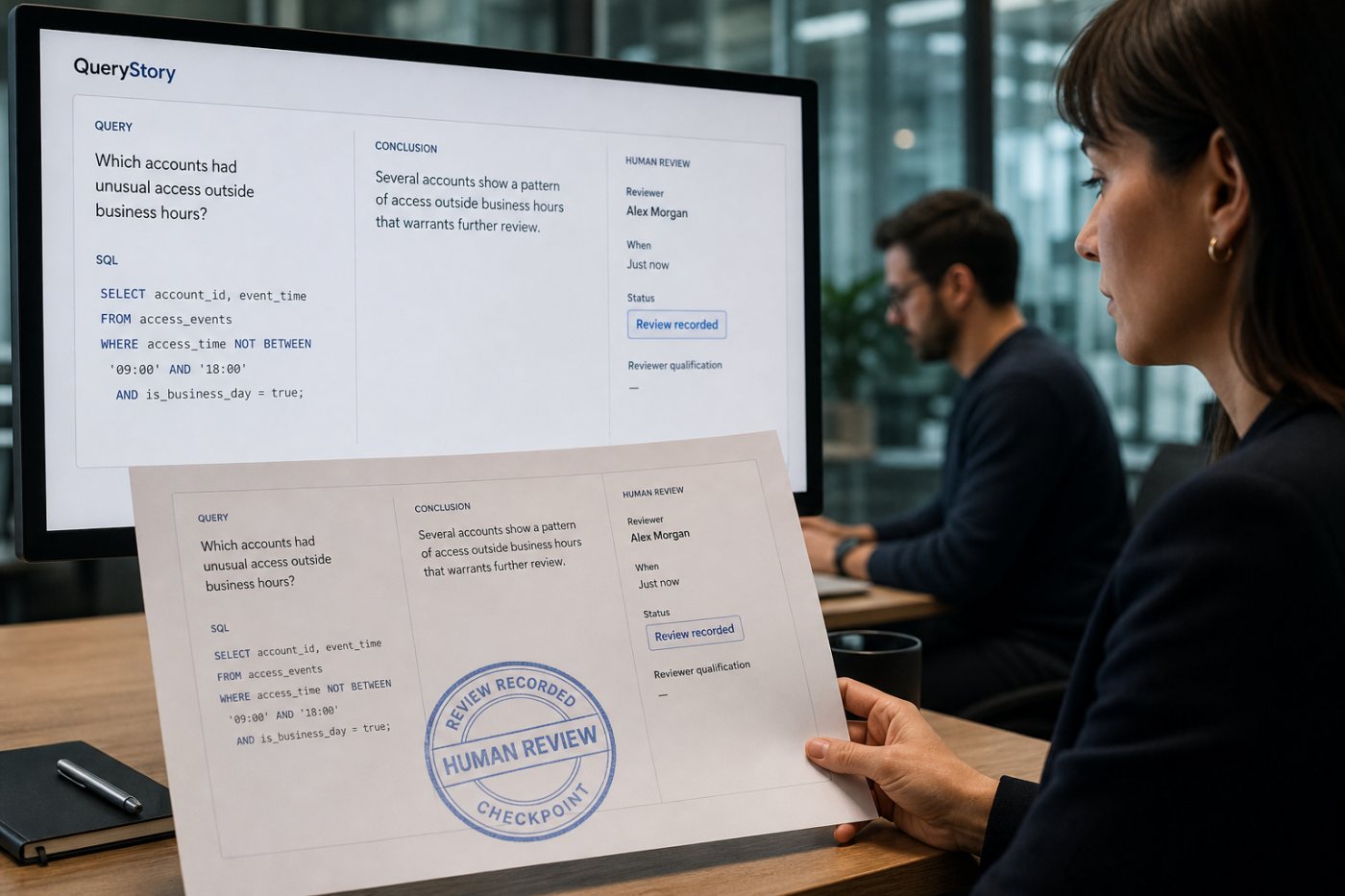 QueryStory conserve la validation humaine avec la requête et la conclusion examinées.