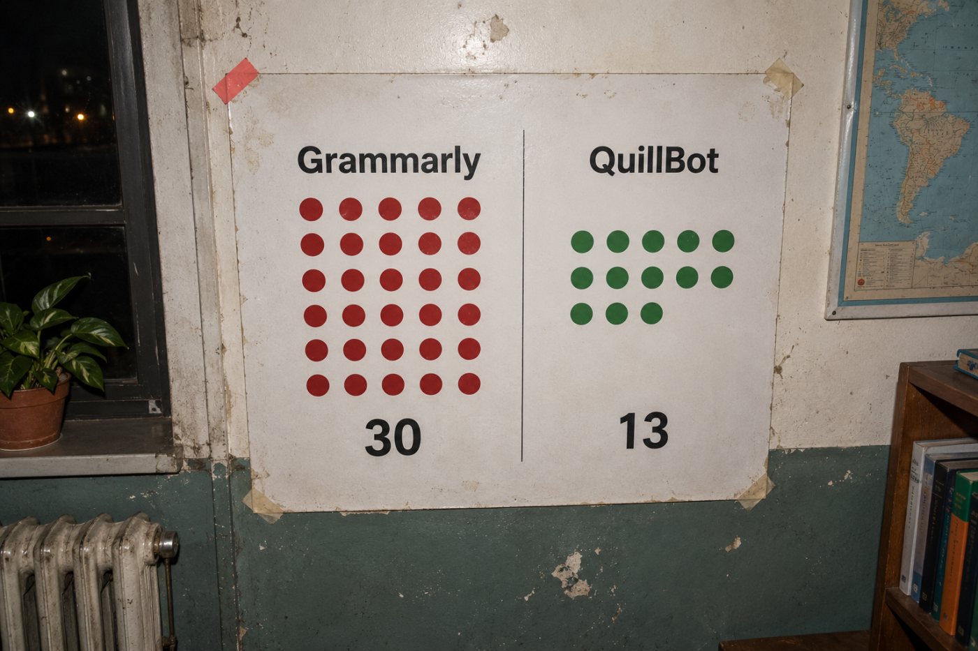 У параўнанні платных версій Grammarly адзначыў 30 праблем у адным тэксце, а QuillBot — 13.