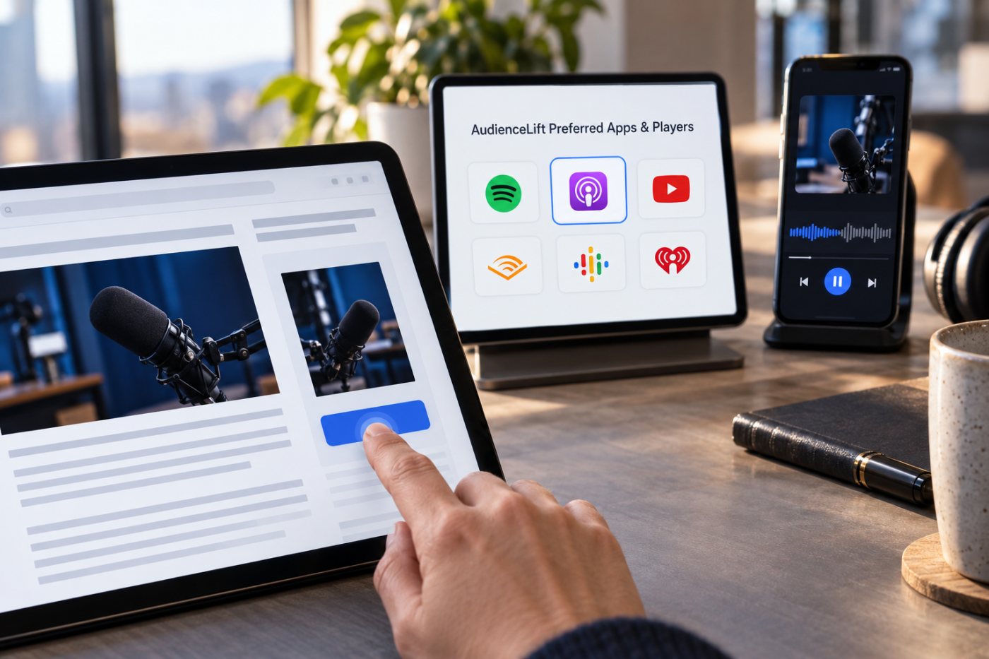 An AudienceLift campaign separates a promotion click, podcast-app selection and verified playback.