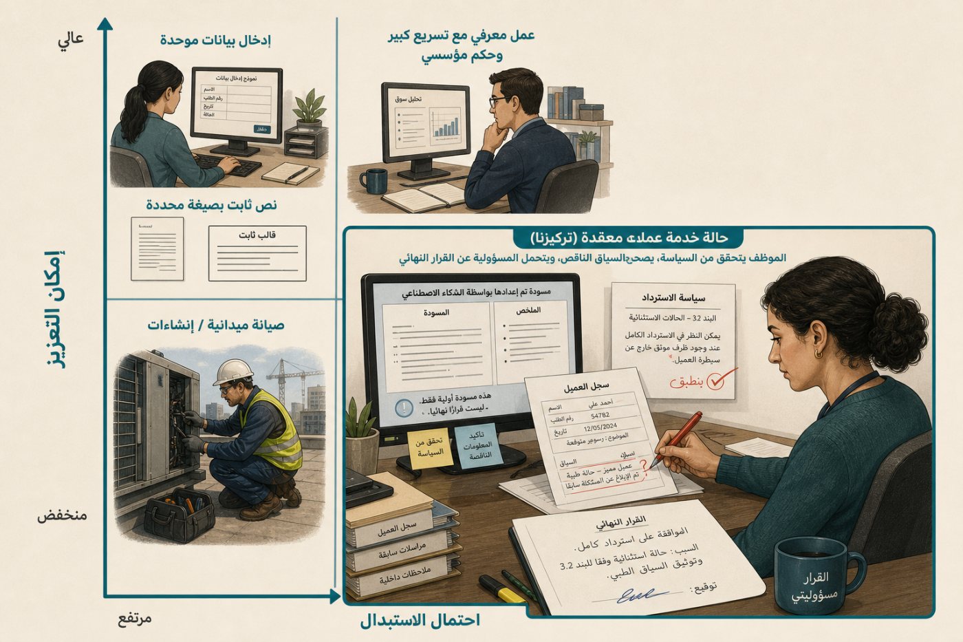 موظف خدمات يراجع مسودة آلية ويعالج حالة استثنائية مع بقاء القرار النهائي بشريًا