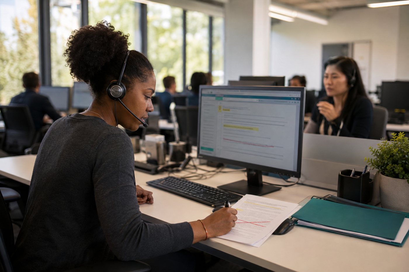 An employee reviews AI-assisted customer support output and catches an unsupported response before use.