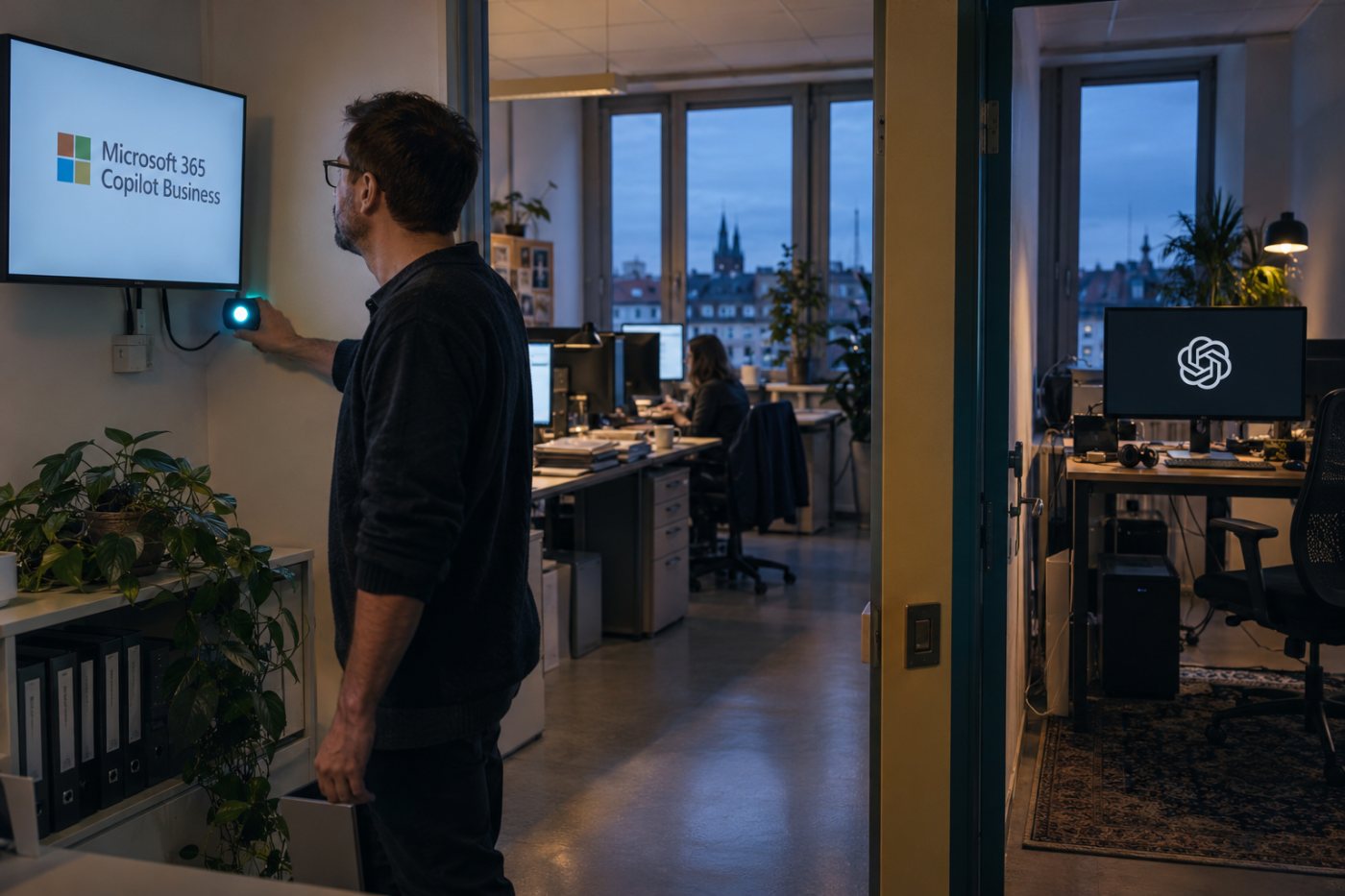 Srovnání měsíčních nákladů na Microsoft 365 Copilot Business a ChatGPT Business pro týmy o 2, 10 a 50 lidech.